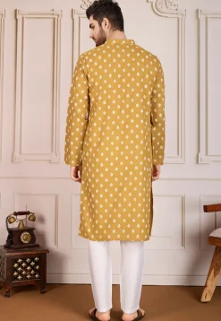 Printed Cotton Kurta Set in Mustard