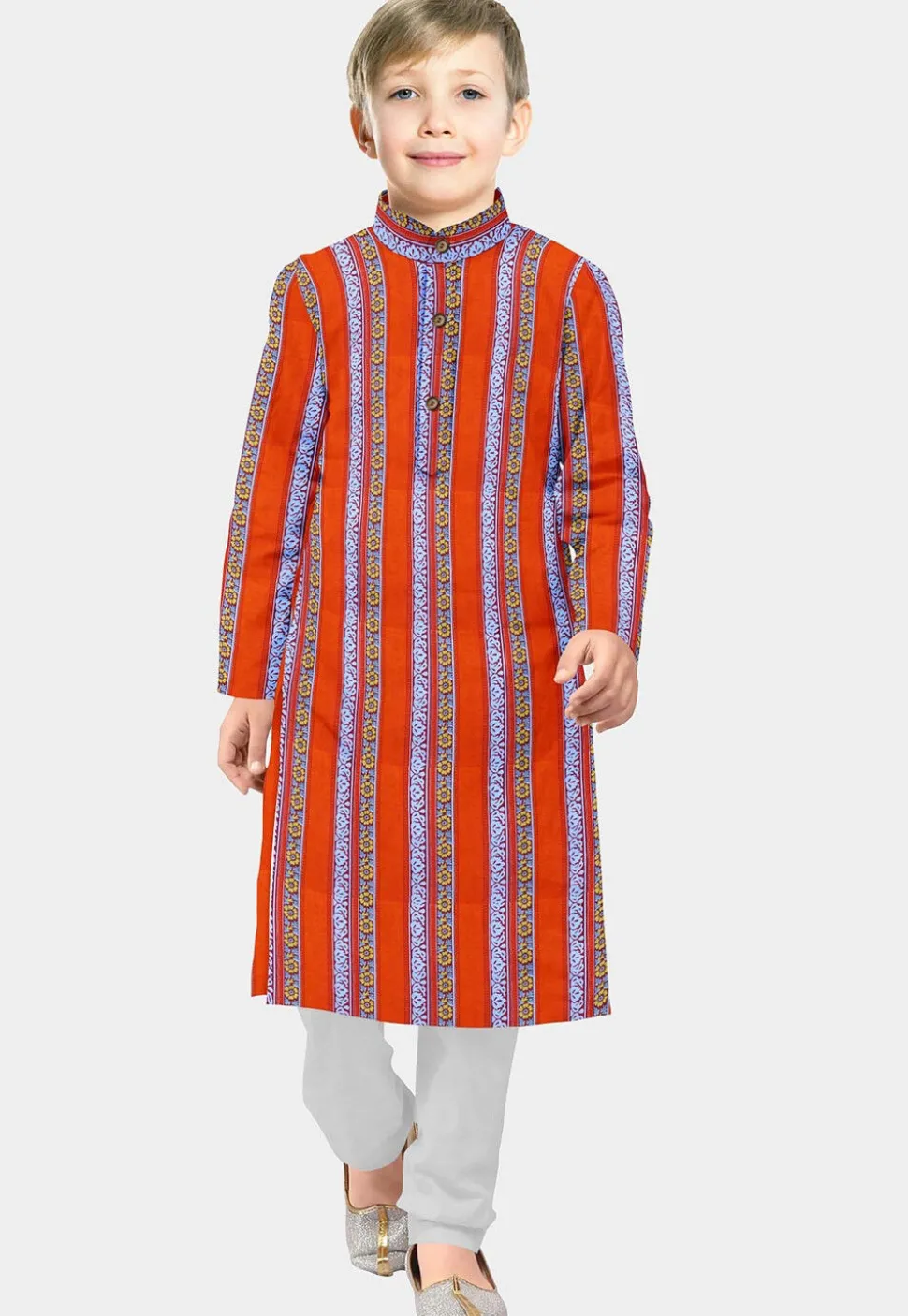 Printed Cotton Kurta Set in Orange