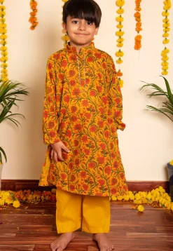 Printed Cotton Kurta Set in Mustard