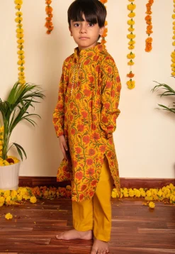 Printed Cotton Kurta Set in Mustard