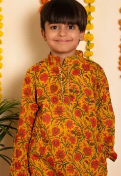 Printed Cotton Kurta Set in Mustard