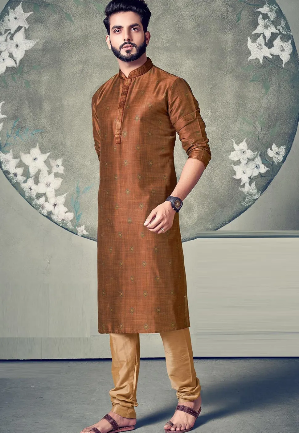 Printed Cotton Kurta Set in Rust
