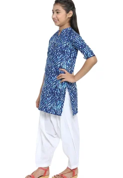 Printed Cotton Kurta with Salwar in Blue