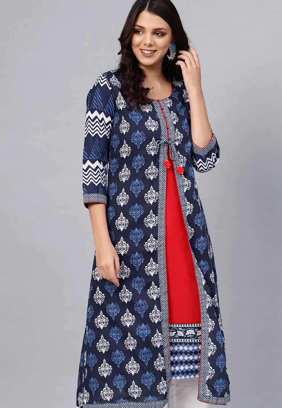 Printed Cotton Layered Kurta in Navy Blue and Red