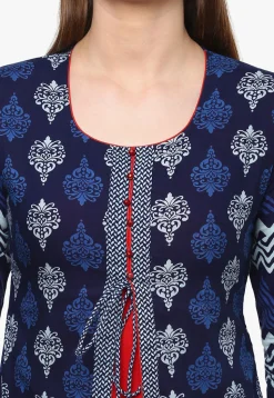 Printed Cotton Layered Kurta in Navy Blue and Red