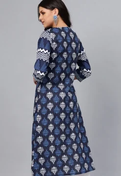 Printed Cotton Layered Kurta in Navy Blue and Red