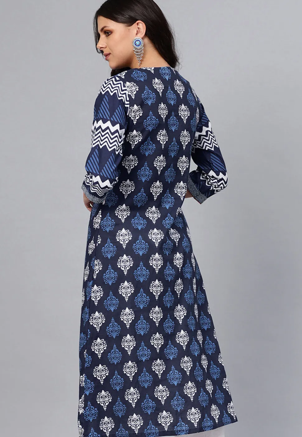 Printed Cotton Layered Kurta in Navy Blue and Red