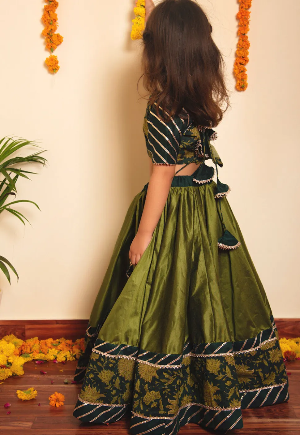 Printed Cotton Lehenga in in Olive Green