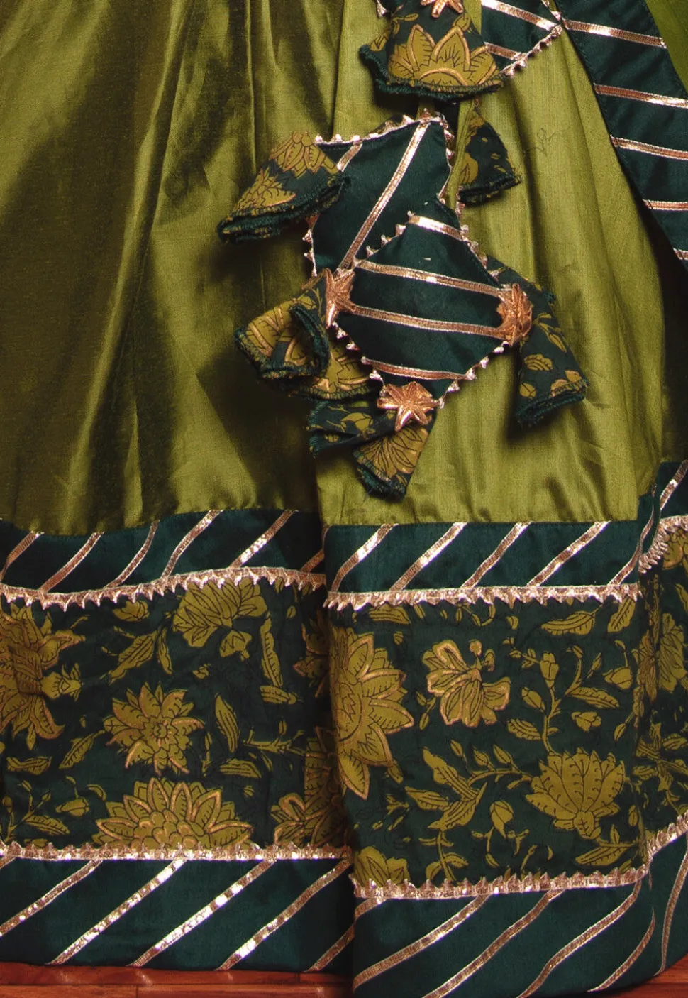 Printed Cotton Lehenga in in Olive Green