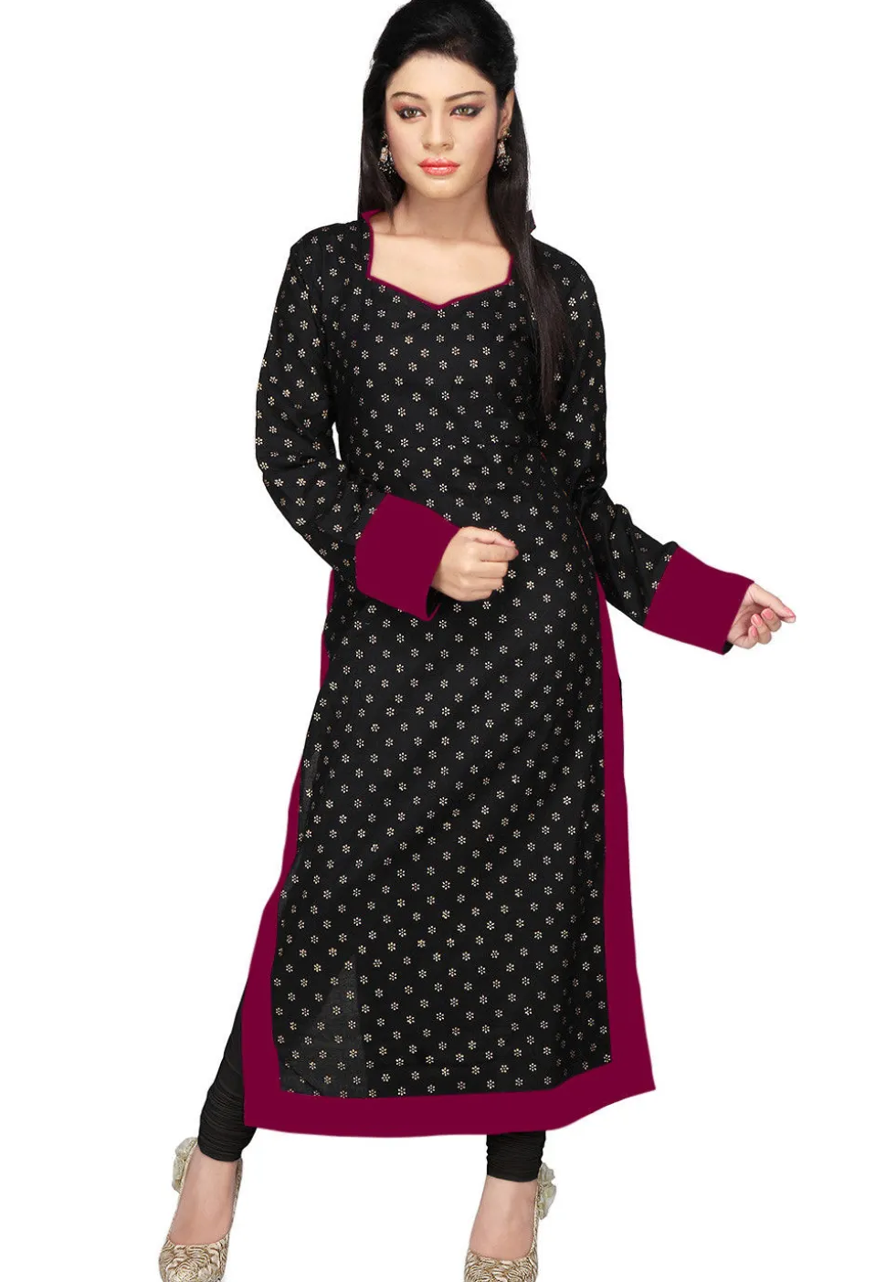 Printed Cotton Long Kurta in Black