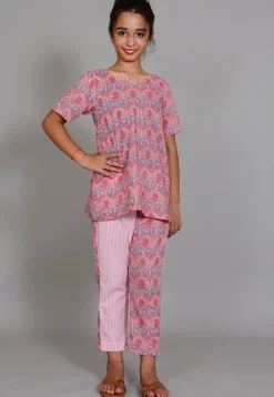 Printed Cotton Long Top Set in Grey and Pink