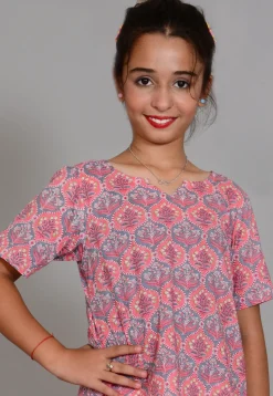 Printed Cotton Long Top Set in Grey and Pink