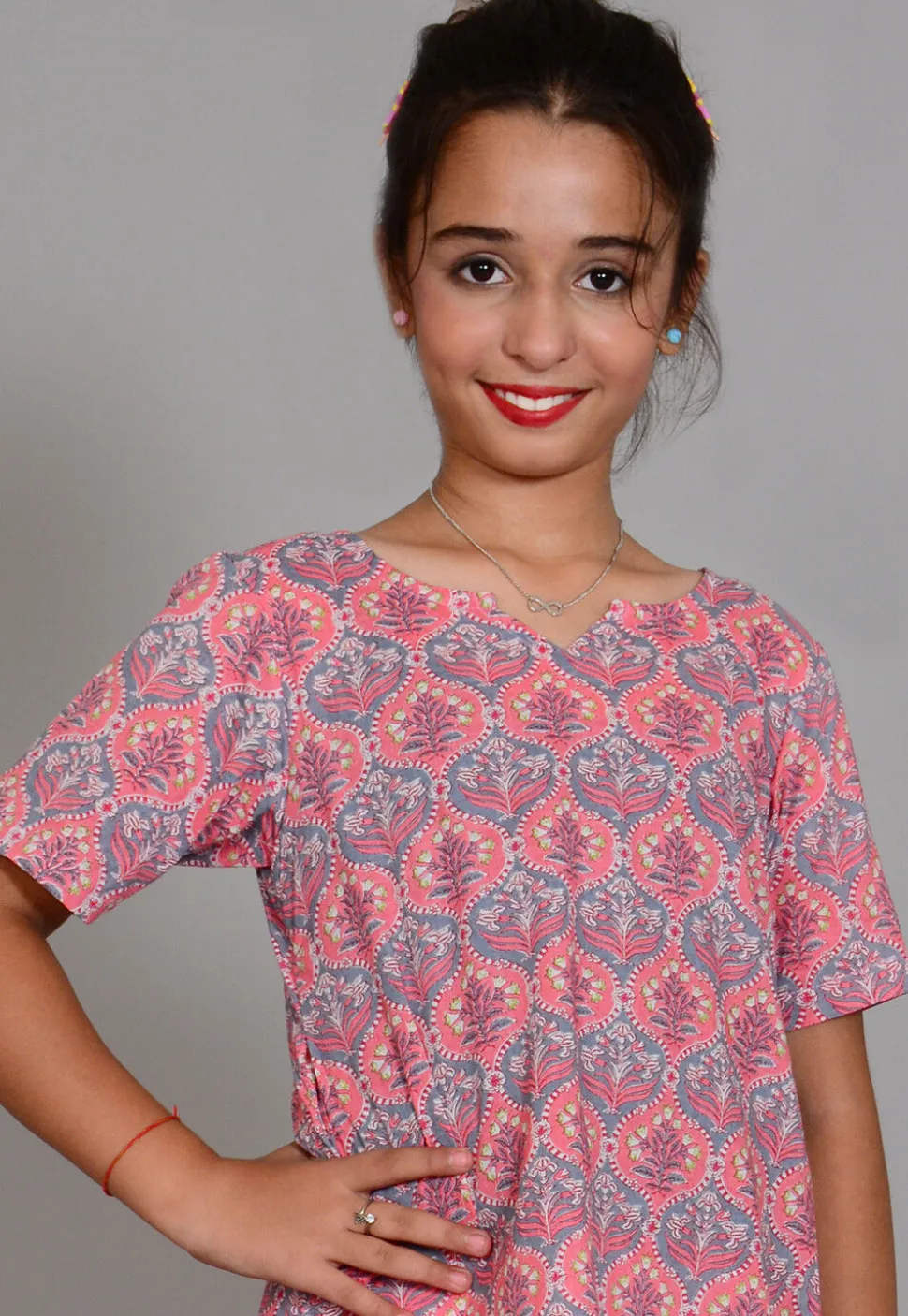 Printed Cotton Long Top Set in Grey and Pink