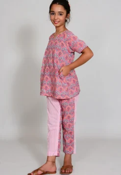 Printed Cotton Long Top Set in Grey and Pink