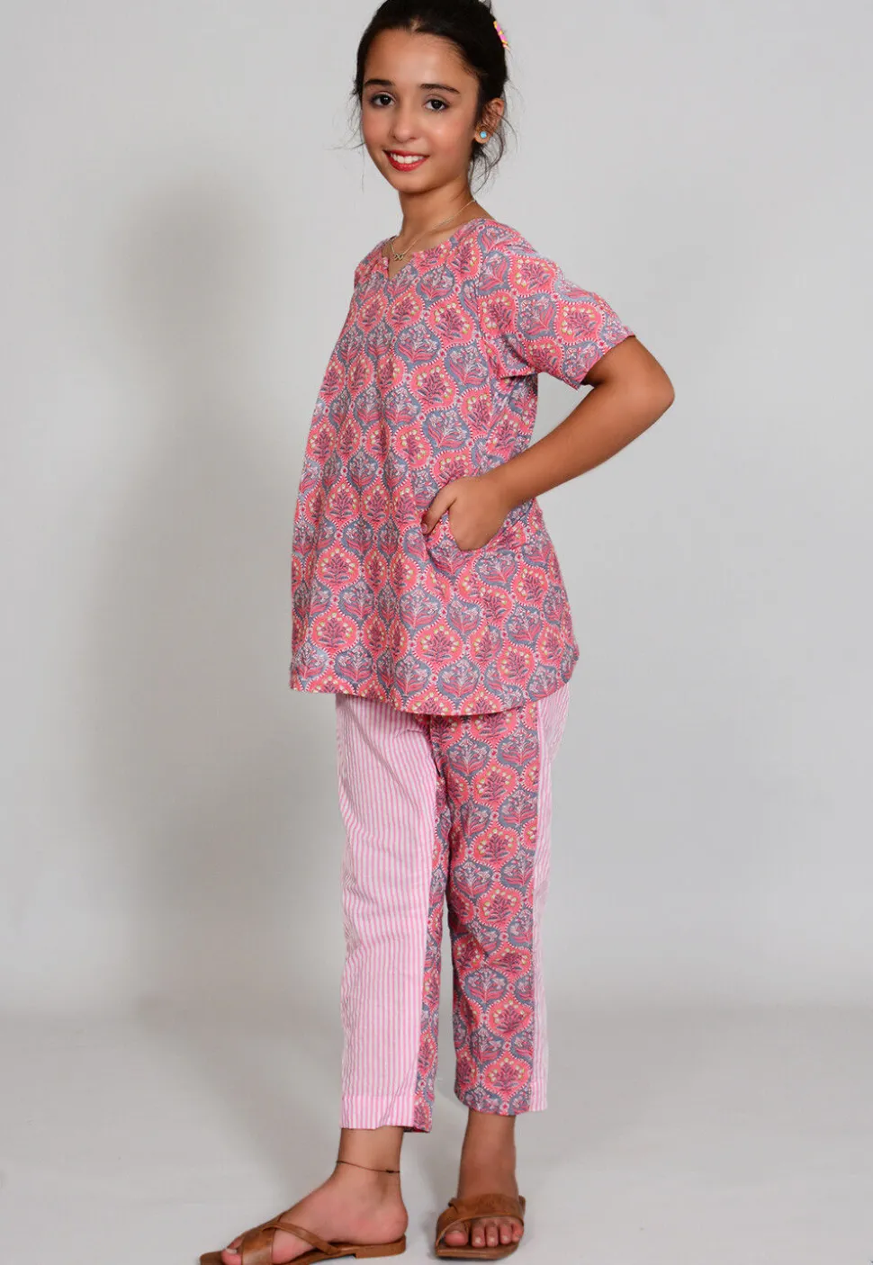 Printed Cotton Long Top Set in Grey and Pink