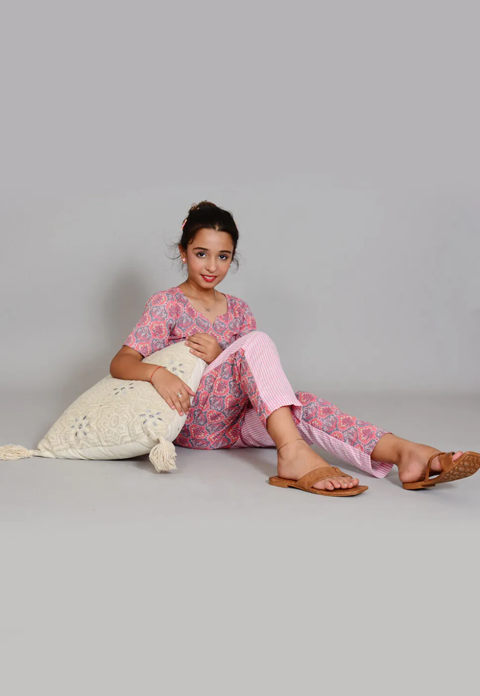 Printed Cotton Long Top Set in Grey and Pink