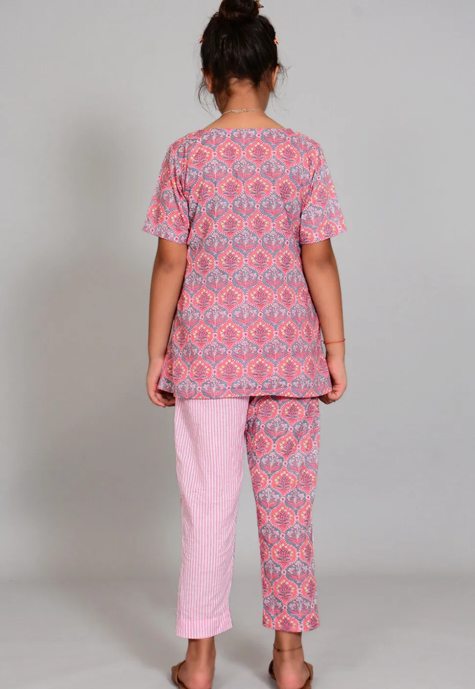Printed Cotton Long Top Set in Grey and Pink