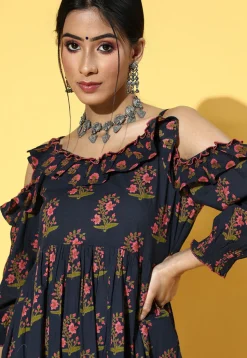 Printed Cotton Maxi Dress in Navy Blue