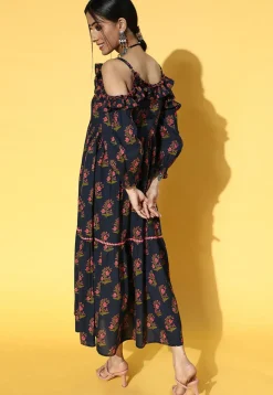 Printed Cotton Maxi Dress in Navy Blue