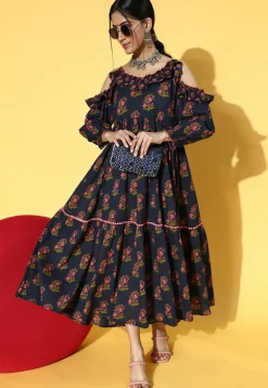 Printed Cotton Maxi Dress in Navy Blue