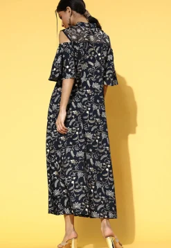 Printed Cotton Maxi Dress in Navy Blue