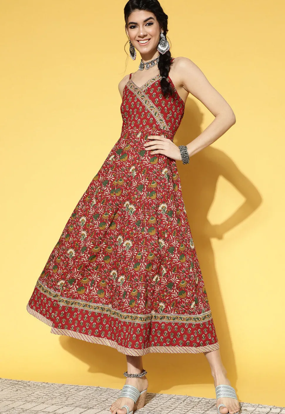Printed Cotton Maxi Dress in Red