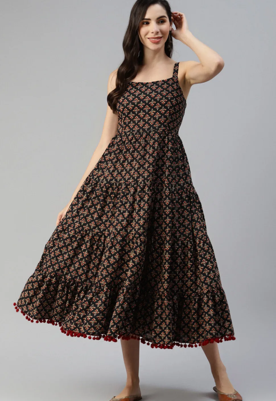 Printed Cotton Midi Dress in Black