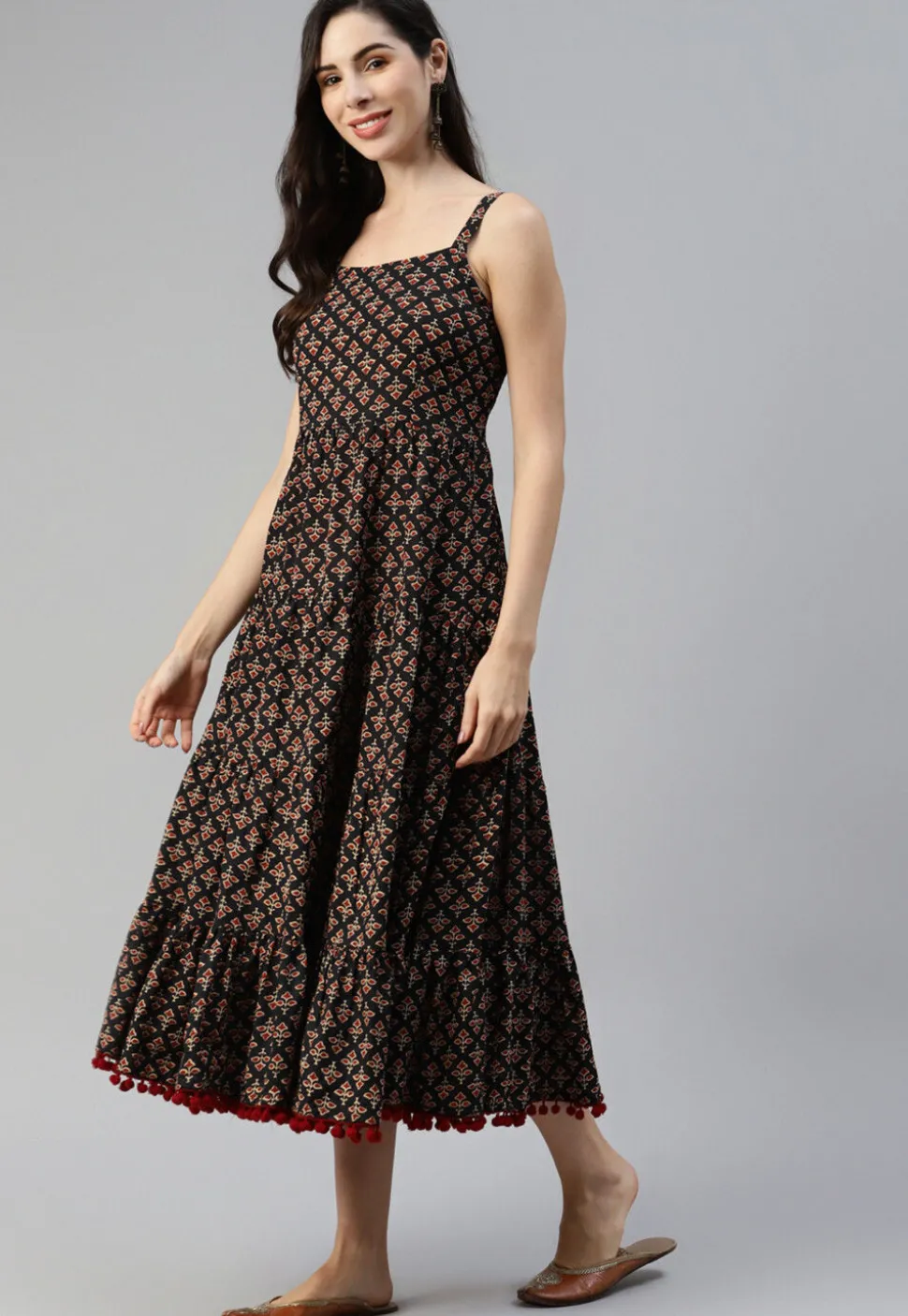 Printed Cotton Midi Dress in Black