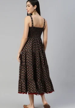 Printed Cotton Midi Dress in Black