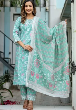 Printed Cotton Pakistani Suit in Light Green