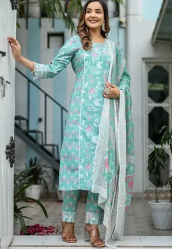 Printed Cotton Pakistani Suit in Light Green
