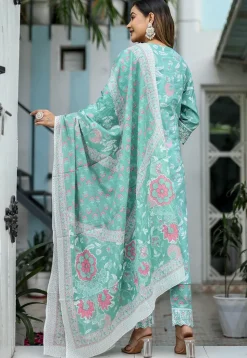 Printed Cotton Pakistani Suit in Light Green