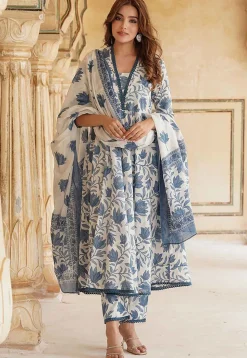 Printed Cotton Pakistani Suit in White