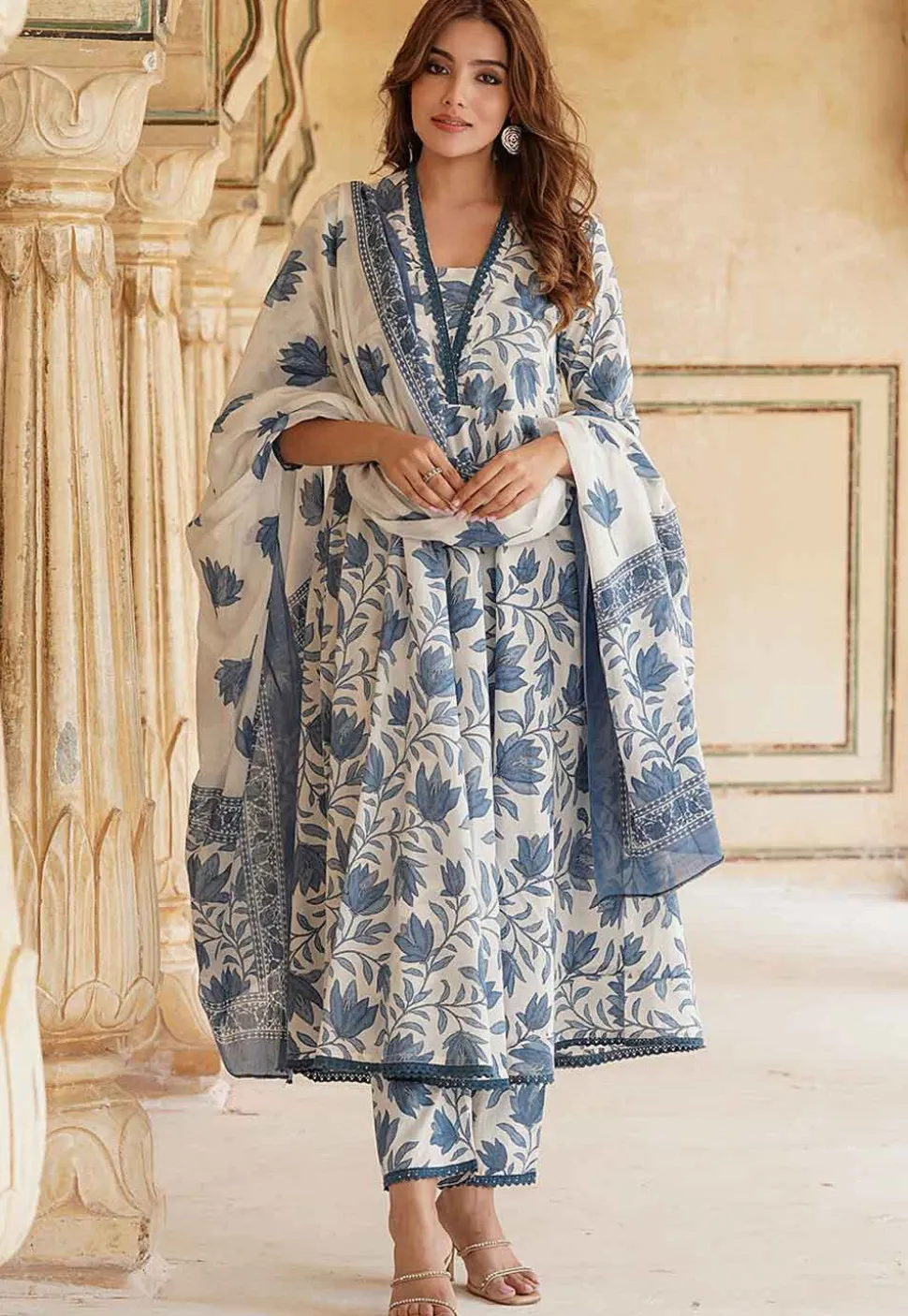 Printed Cotton Pakistani Suit in White