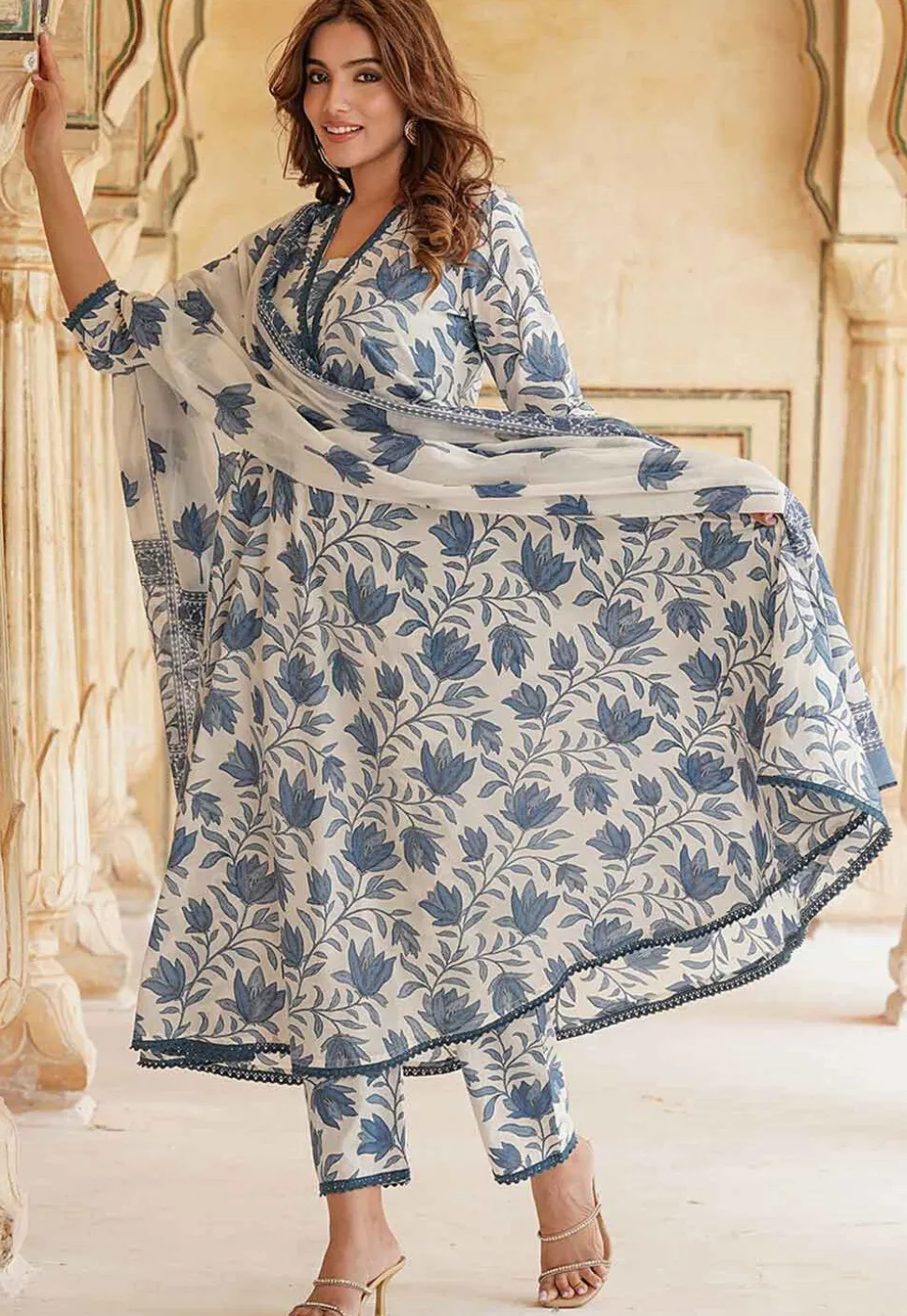 Printed Cotton Pakistani Suit in White