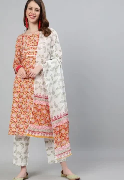 Printed Cotton Pakistani Suit in Mustard and Red
