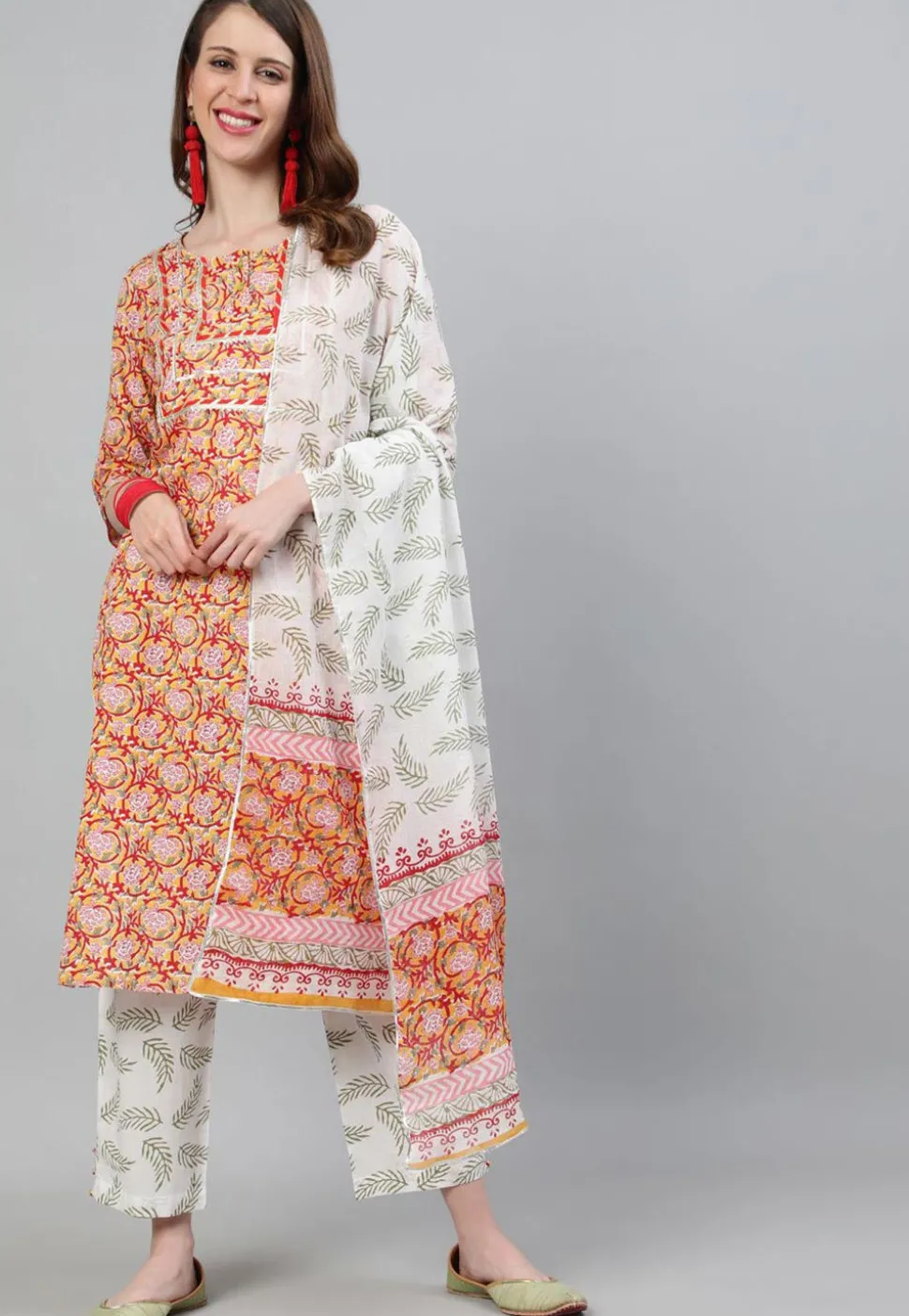 Printed Cotton Pakistani Suit in Mustard and Red