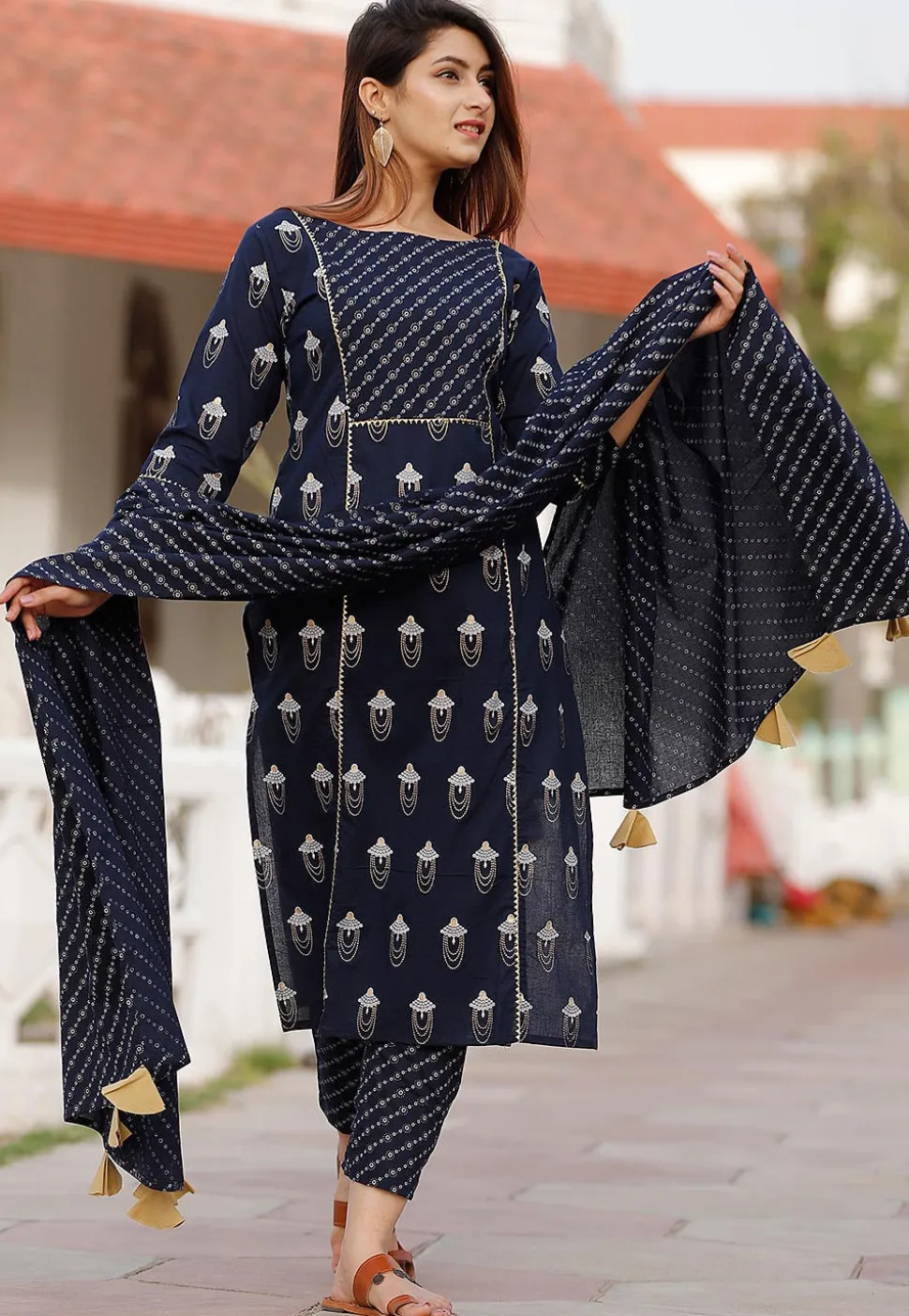 Printed Cotton Pakistani Suit in Navy Blue