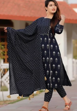 Printed Cotton Pakistani Suit in Navy Blue