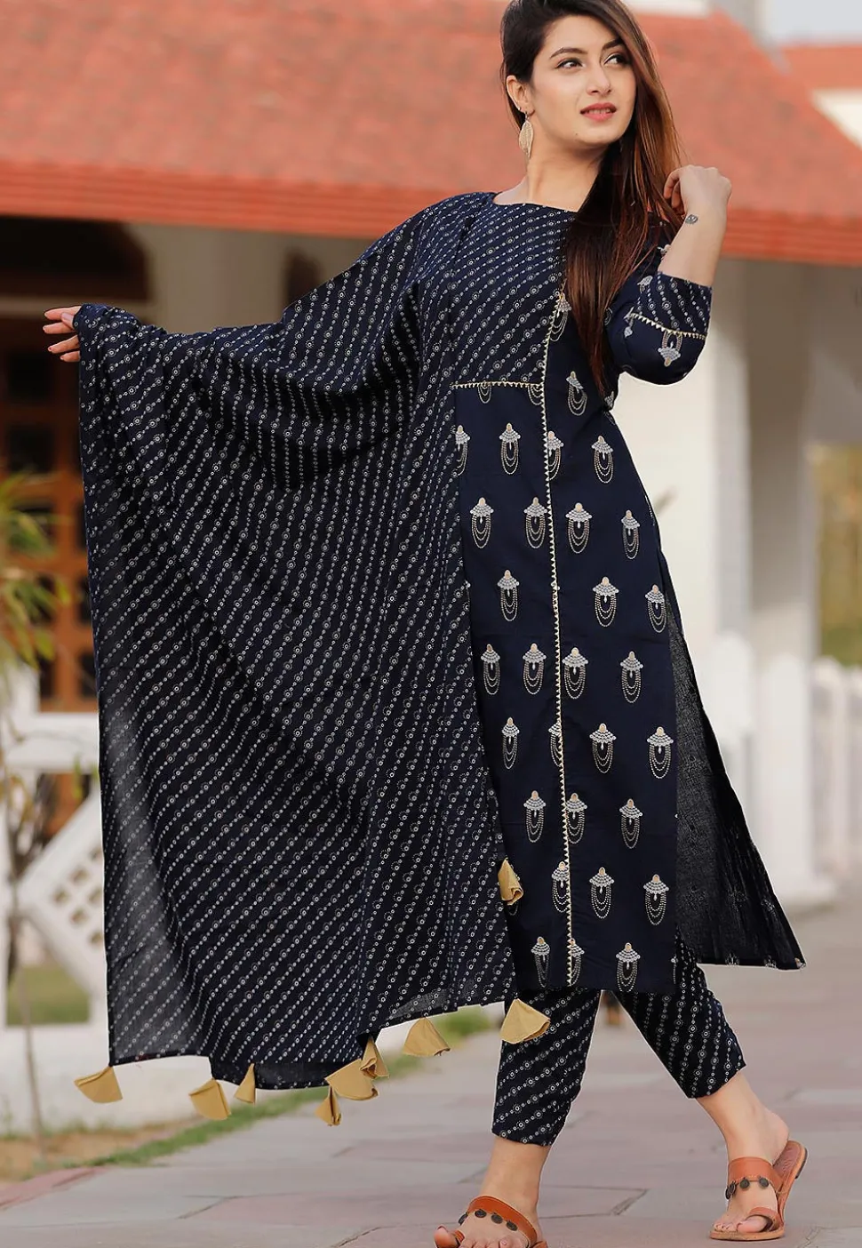 Printed Cotton Pakistani Suit in Navy Blue