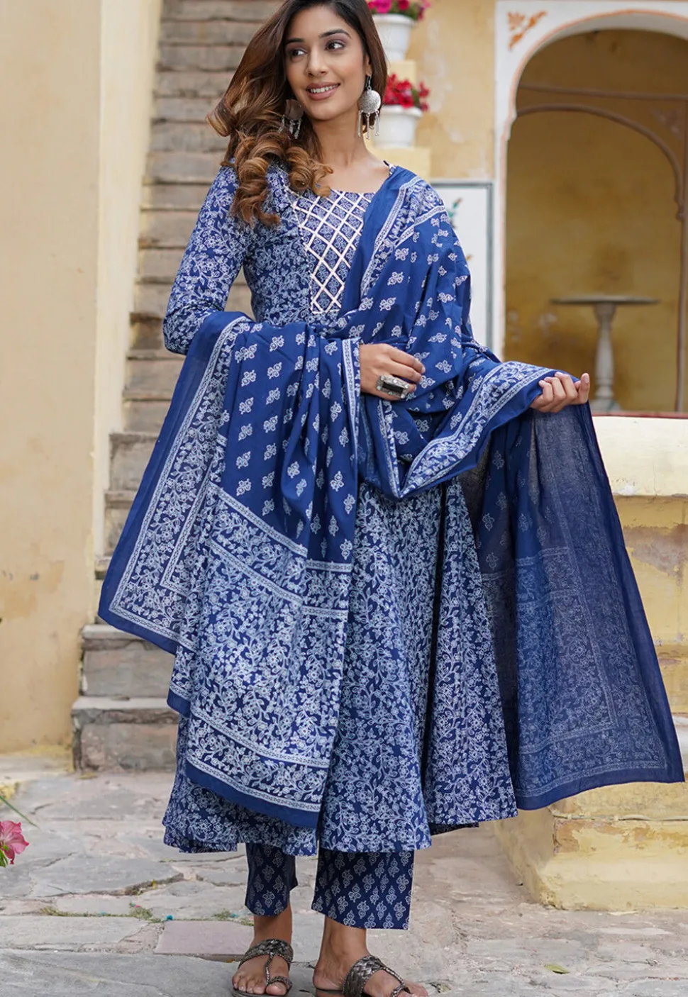 Printed Cotton Pakistani Suit in Navy Blue