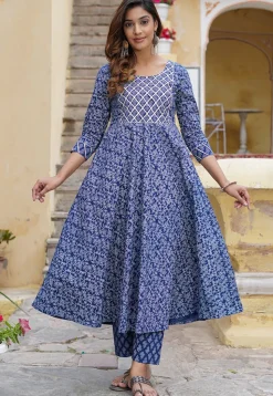 Printed Cotton Pakistani Suit in Navy Blue