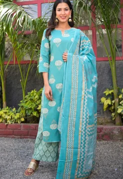 Printed Cotton Pakistani Suit in Sky Blue
