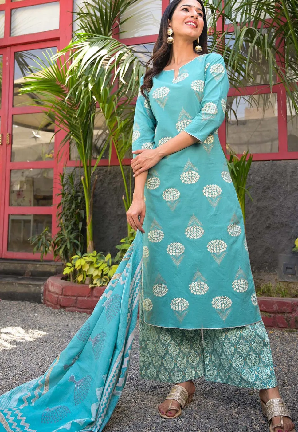 Printed Cotton Pakistani Suit in Sky Blue