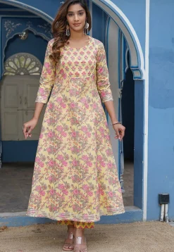 Printed Cotton Pakistani Suit in Light Yellow