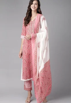 Printed Cotton Pakistani Suit in Coral Pink