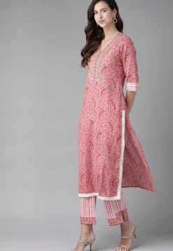 Printed Cotton Pakistani Suit in Coral Pink