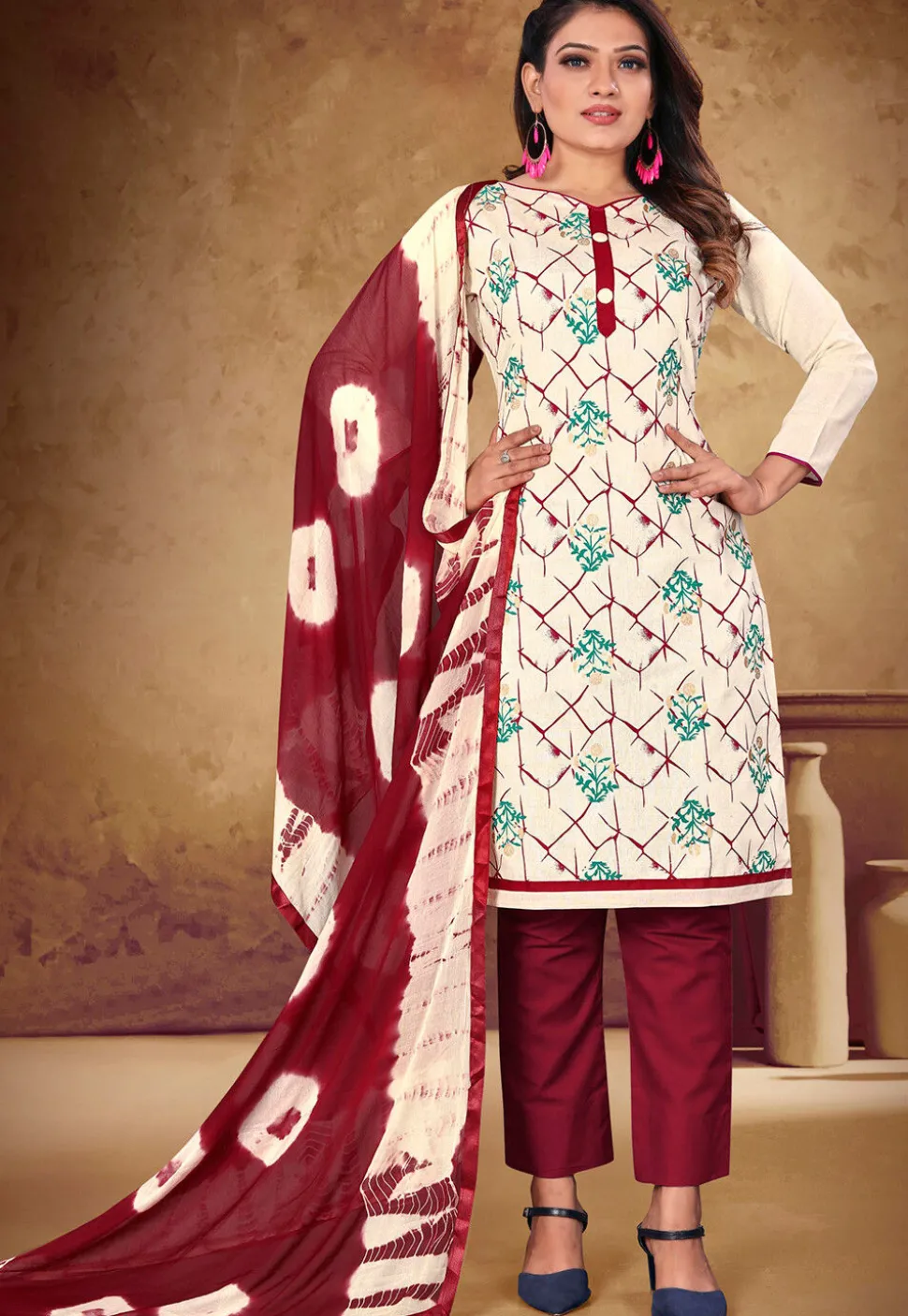Printed Cotton Pakistani Suit in Off White