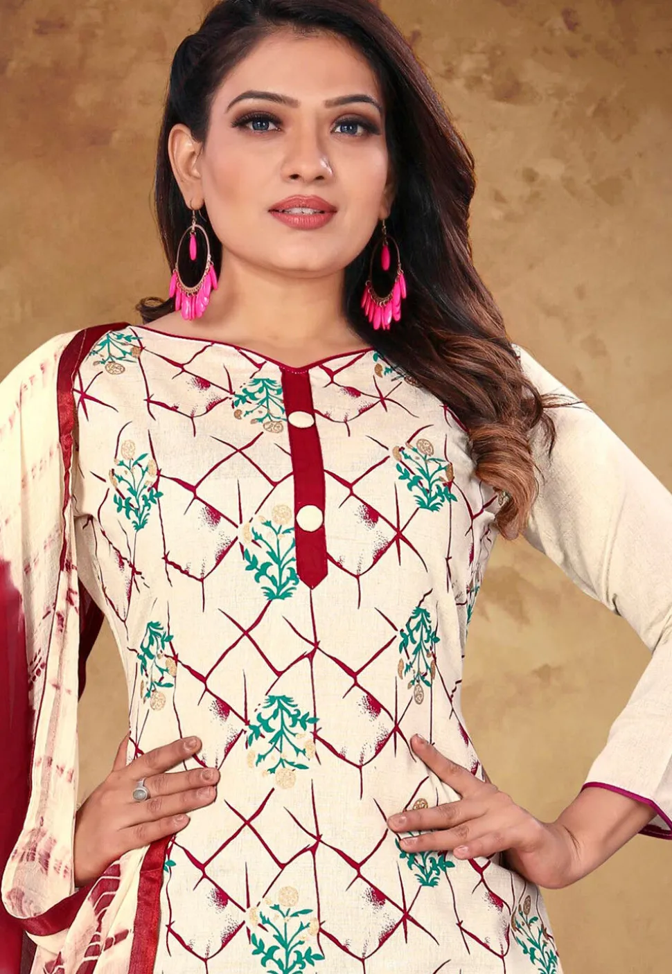 Printed Cotton Pakistani Suit in Off White