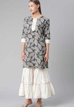 Printed Cotton Pakistani Suit in Dark Grey and Off White